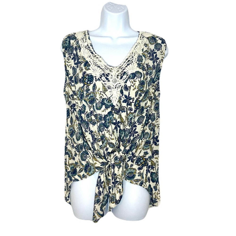 Floral Lace Trim Women's Sleeveless Tie Front Top